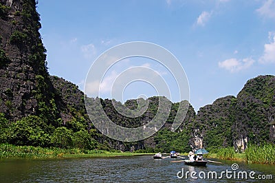 Vietnamese people and foreign traveler travel visit and amazing boat tour trip Tam Coc Bich Dong or Halong Bay on Land and Ngo Stock Photo