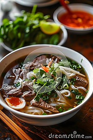 Vietnamese pho beef noodle soup bowl Stock Photo