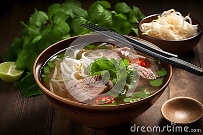 Vietnamese pho beef noodle soup bowl Stock Photo