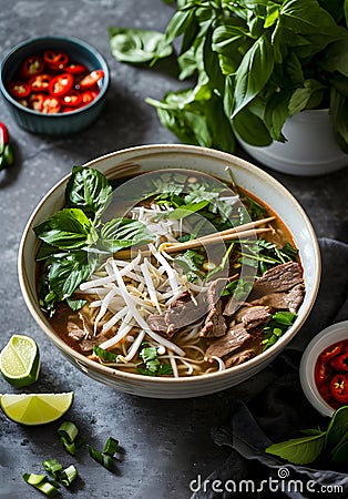 Vietnamese pho beef noodle soup bowl Stock Photo