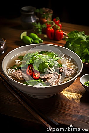 Vietnamese pho beef noodle soup bowl Stock Photo