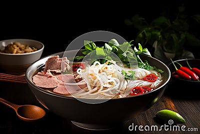 Vietnamese Pho dish. Close up shot over dark background. Stock Photo