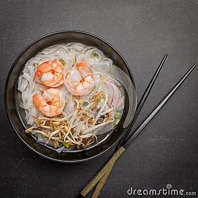 Pho tom noodle broth asian soup shrimp Stock Photo