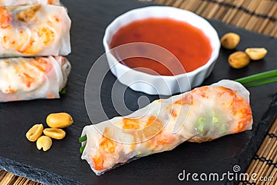 Vietnamese shrimp roll with red sauce Stock Photo