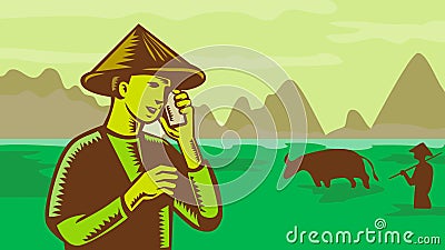 Vietnamese Southeast Asian Farmer Using Mobile Phone in Farm WPA Retro Cartoon Illustration