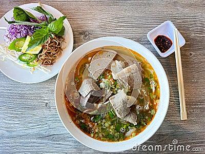 Vietnamese spicy beef and pork noodle soup Stock Photo