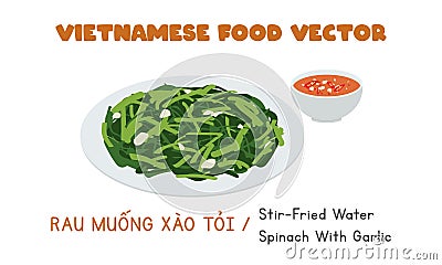 Vietnamese stir-fried water spinach flat vector design. Rau Muong Xao Toi clipart cartoon style. Asian food. Vietnamese cuisine Vector Illustration