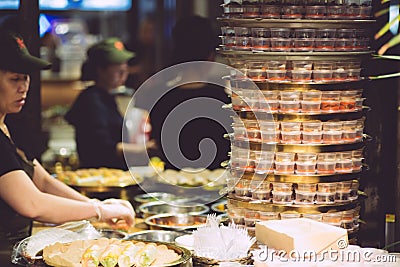 Vietnamese street food. Vietnamese cooking pho bo soup in the market. Vietnamese cuisine Editorial Stock Photo