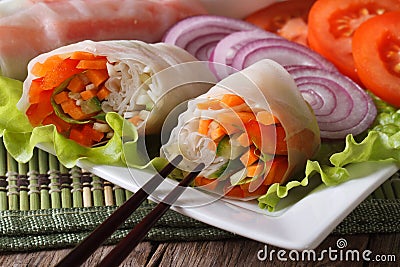 Vietnamese vegetarian vegetable spring rolls macro. Horizontal Stock Photo