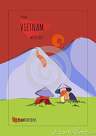 Vietnamese women gather tea in the highlands. Postcard Vector Illustration