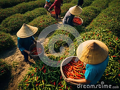 Vietnamese women and man pick chili peppers Stock Photo