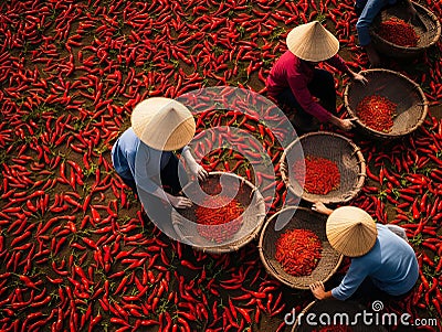 Vietnamese women pick chili peppers Stock Photo