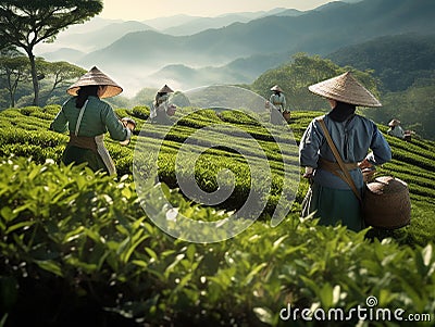 Vietnamese women pick tea leaves Stock Photo