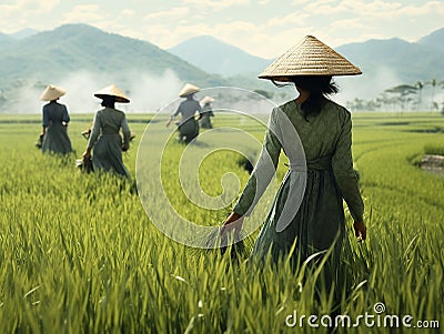 Vietnamese women transplant rice seedlings Stock Photo