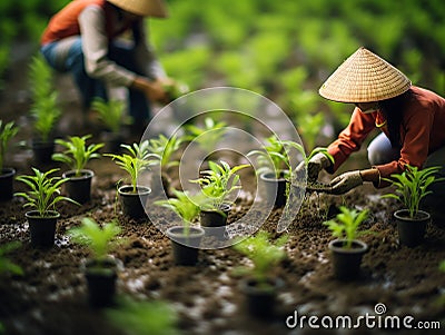 Vietnamese women transplant rice seedlings Stock Photo