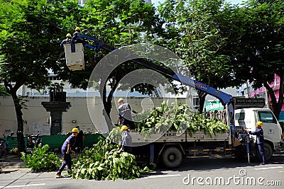 Vietnamese worker work on boom lift to cut branch of tree Editorial Stock Photo