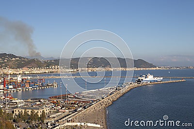 VIETRI SUL MARE, ITALY - 12 October 2019 view of the city of Salerno from a high point and its port in the foreground Editorial Stock Photo