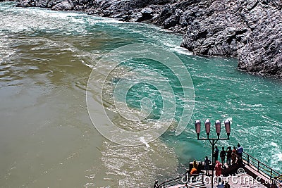 Viev of the confluence of the rivers Bhagirathi and Alaknanda in Devprayag, Uttark Editorial Stock Photo