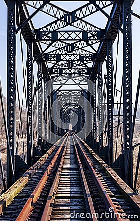 Abandoned Pratt Through Truss Railroad Bridge - Track View Stock Photo