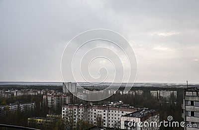 View of abandoned residential buildings inside the Chernobyl Exclusion Zone, Pripyat, Ukraine Stock Photo