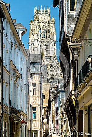 View of the Abbey of Saint-Ouen from a street in the old town of Rouen, France Stock Photo