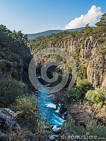 View from above of the blue mountain river and Koprulu Canyon in Turkey. Stock Photo