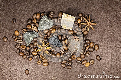 Five natural stones and coffee beans. Stock Photo