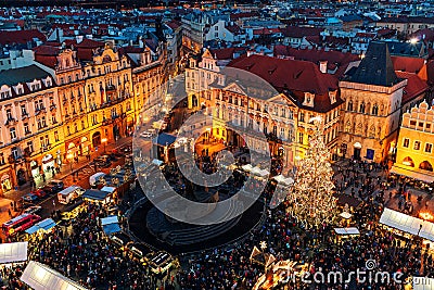 View from above on Christmas market in Prague. Editorial Stock Photo