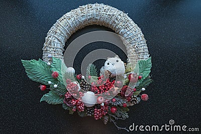 view from above on christmas wreath with cute owl Stock Photo