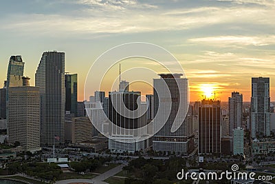 View from above of concrete and glass skyscraper buildings in downtown district of Miami Brickell in Florida, USA at Stock Photo