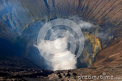 View from above of the crater of the active Bromo volcano. Indonesia Stock Photo