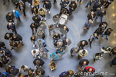 View from above of crowd of people waiting to enter a fairground Editorial Stock Photo