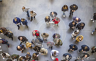 View from above of crowd of people waiting to enter a fairground Editorial Stock Photo