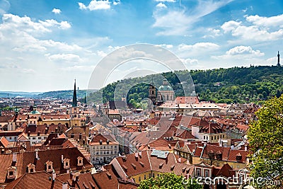 View from above of the houses with red-tiled roofs, spring, Prag Editorial Stock Photo