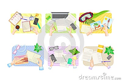 View from above of human hands filling check mark on to do list, writing letters, signing paper documents and postcards Vector Illustration