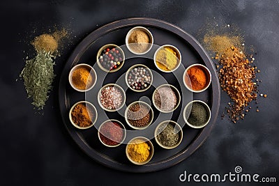 View from above of numerous spices in small bowls on a dark slate plate with copy space created with generative AI technology Stock Photo