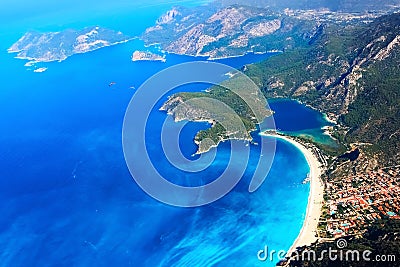 View from above with a paraglider on the bay of the blue lagoon. Turkey. Oludeniz Stock Photo