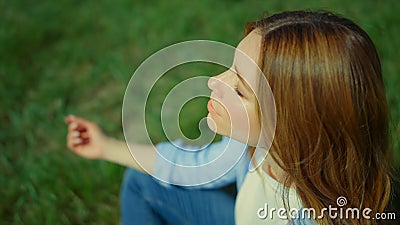 View from above of pretty girl sitting in yoga asana. Closeup girl in meditation Stock Photo