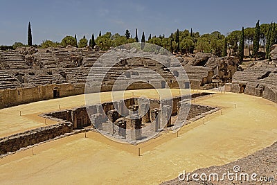 View from above on the roman amphitheatre at Italica, Roman city in the province of Hispania Baetica Stock Photo