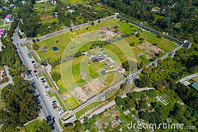 A view from above of the ruins of the fortress Gonio and the cemetery. Stock Photo