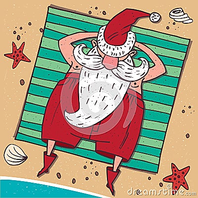 View from above on Santa Claus on the beach Vector Illustration