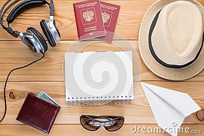 View from above set of objects for comfortable travel, blank in Stock Photo