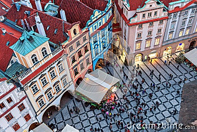 View from above on small square and old buildings in Prague. Editorial Stock Photo