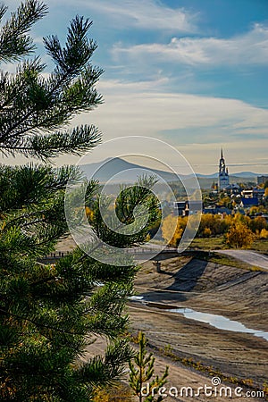 View from above on a small Ural city. Stock Photo