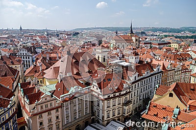 View from above to tiled roofs of old town, panorama of Prague, Editorial Stock Photo