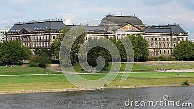View across the Elbe River on the northern bank with historic building of the Ministry of Finance, Dresden, Germany Stock Photo