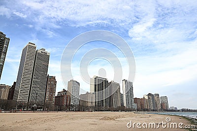 The View Across Oak Street Beach Towards the Chicago Waterfront Editorial Stock Photo