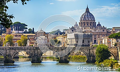 View across the Tiber to St. Peter`s Basilica from the Angel Bridge in Rome Lazio Stock Photo