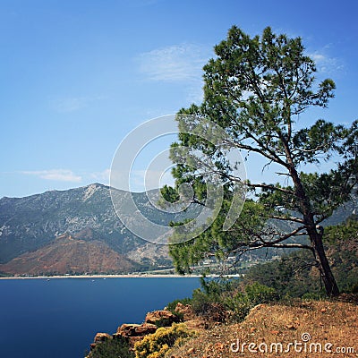 View on Adrasan Bay from the road towards Sazak Bay - retro effect. Stock Photo