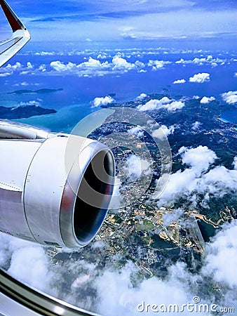 Scenic skyview from aeroplane over the island of Phuket Thailand Stock Photo
